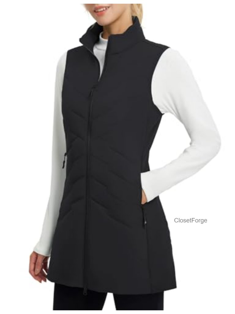 Women's Long Puffer Vest Sleeveless Jacket Warm Fleece Hybrid Lightweight